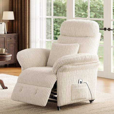 Elektrischer Relaxsessel Weiß Cordvelours, verstellbare Rückenlehne & Fußstütze, Ganzkörperunterstützung, stabil & rollbar, Multifunktion für Zuhause