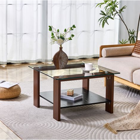 REDOM Couchtisch (65x41x45.5 cm), mit Hartglasplatte und Stauraum, vielseitig einsetzbar, MDF und Glas, Walnuss (1/5)