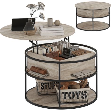 Beyamis Table basse ronde avec plateau élévateur, espace de rangement, étagères latérales, cadre en acier, table basse, chêne (1/5)