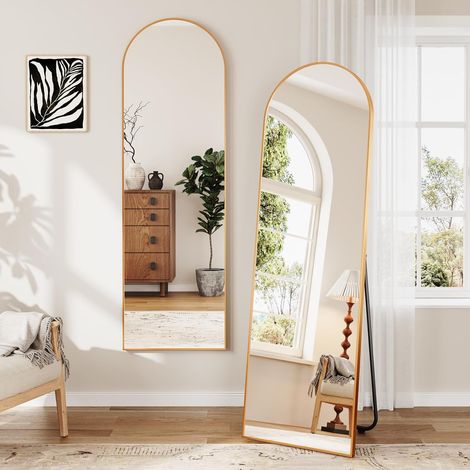 Dripex Miroir sur Pied Arqué, Grand Miroir Mural avec Cadre en Aluminium 150x40cm, Miroir en Pied Penché ou Suspendu pour Salon, Chambre, Salon, Entrée-Or