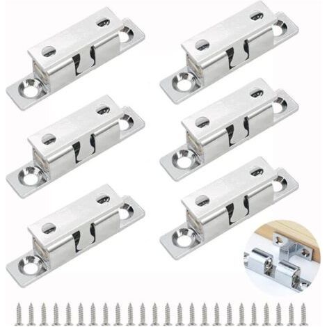 6 Pièces Loqueteau à Bille, 46mm Loquet à Double Rouleau Réglables Loquet à Bille pour Porte D'armoire Loqueteaux de Meuble de Porte Avec 24 Vis, pour Placard Armoires, Salle de Bain, Tiroirs (Argent) (1/5)