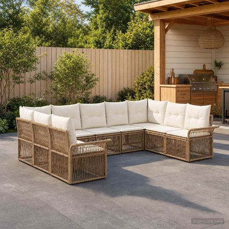 Ensemble canapé de jardin 9 places en polyrotin beige, modulable avec coussins lavables - PANGIVO (1/5)