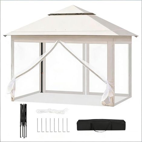 Pavillon pliant 3x3 m – Gazebo imperméable anti-UV avec double toit ventilé, moustiquaires amovibles sur 4 côtés (2 avec fermeture éclair), hauteur réglable (256-276 cm), cadre en acier – Idéal pour j (1/5)