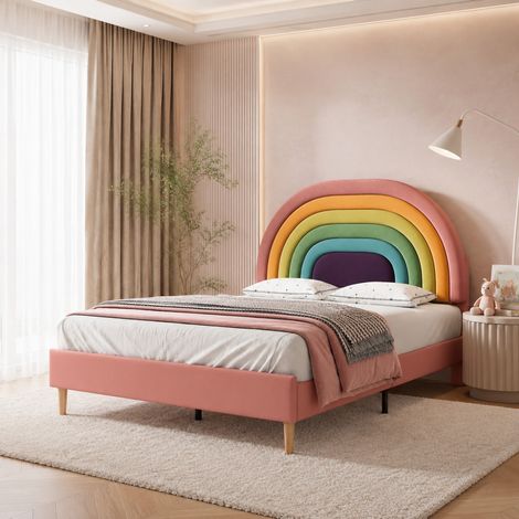 CHICFURN Cama tapizada 140x200 cm de terciopelo rosa con somier de láminas y cabecero ajustable (1/5)