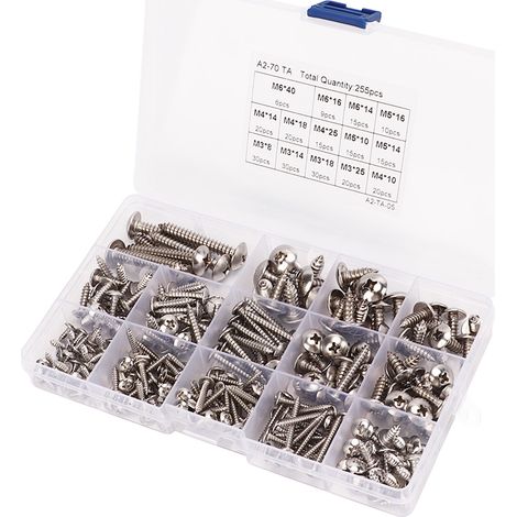 Lot de 255 vis à bois tête large cruciforme 304 inox autoforeuses M3 M4 M5 M6 pour tôle (1/5)