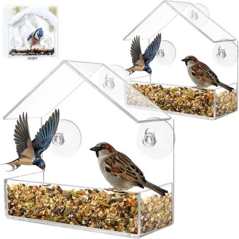 Set mit 2 Vogelfutterhäuschen für den Außenbereich Vogelfutterhäuschen aus Acryl in Form eines dreieckigen Hauses Transparentes Fensterfutterhäus (1/5)