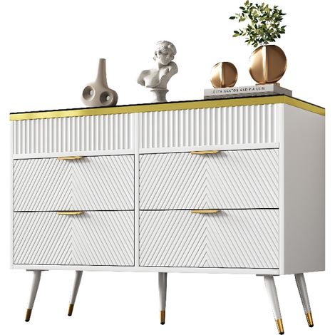 Kommode Weiß mit 6 Schubladen und Bernstein Glasplatte, Modernes Sideboard 120x40x76 cm mit Facheinteilung, Schubladenkommode für Schlafzimmer (1/5)