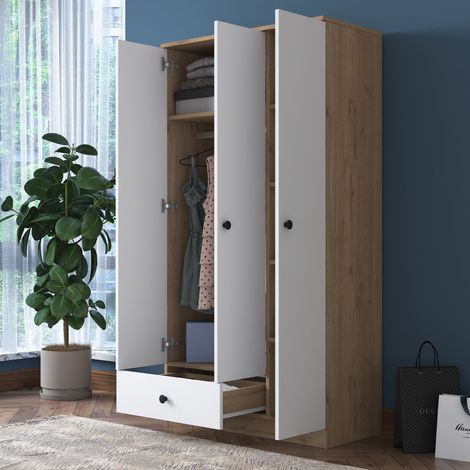 Armario 3 Puertas Infine, Ropero Dormitorio con Perchero, un Cajón, 5 Estantes, 90x43 cm Roble Marrón (1/5)