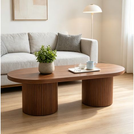Table basse ovale avec 2 pieds cylindriques, noyer, 100x50x35 cm, pour salon, balcon et jardin (1/5)