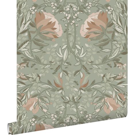 Papier peint fleurs vintage art nouveau vert grisé vieux rose – Intissé facile à poser – Dimensions 53cm x 10.05m – Raccord droit – Estahome (1/5)