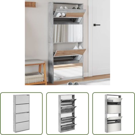 Schuhablage - Schuhschrank mit Spiegel 4 Fächer Betongrau 63x17x134 cm (1/5)