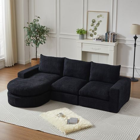 Canapé d'angle modulable en chenille - 250x160x80 cm - 3 places - Méridienne réversible - Sans montage - Confortable - Noir (1/5)