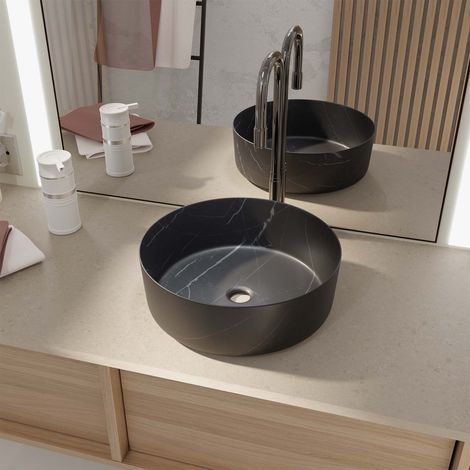 Lavabo da appoggio rotondo in ceramica nera opaca effetto marmo ⌀36x12cm BLACK MARBLE