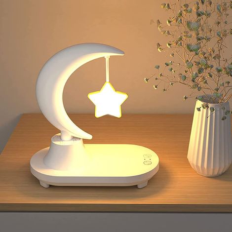 Lampe de Chevet LED 3 en 1, veilleuse Moon Music avec Chargeur sans Fil, Lampe Tactile, Haut-Parleur Bluetooth Portable, Lampes de Chevet à Charge sans Fil à intensité Variable, Cadeaux (1/5)