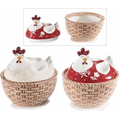 Contenitore a barattolo adatto all'uso alimentare in ceramica a forma di cestino con coperchio con gallinella, set da 2 pezzi, cm 15,5 x 13,5 x 16 H