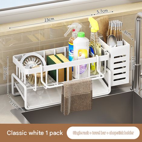 CYUNSHOP Support d'évier en acier au carbone blanc – Étagère de rangement, solide, antirouille et réglable, idéale pour vaisselle. (1/5)