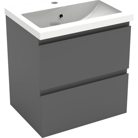 Aica Sanitaire 50cm(L)x38.5cm(P)x52cm(H）Meuble salle de bain anthracite deux tiroirs avec une vasque à suspendre. (1/5)