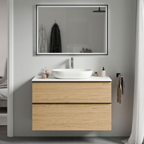 BERNSTEIN - Mobile lavabo sospeso MDF rovere miele, piano lavabo bianco opaco, maniglia cromata - 100x46x62cm - LAVOA	cromo, Rovere Miele Oro, Bianco opaco