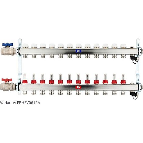 Fußbodenheizungsverteiler aus Edelstahl mit Topmeter für 12 Heizkreise - mit Anschlussset waagrecht (1/3)