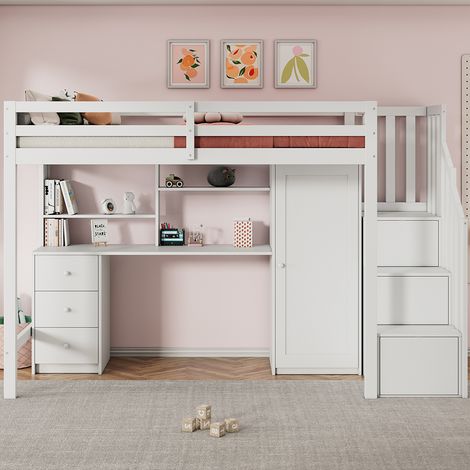 Avec bureau et armoire, escalier, lit superposé pour enfants, avec tiroirs et armoire d'escalier, 90200 cm, blanc (1/5)