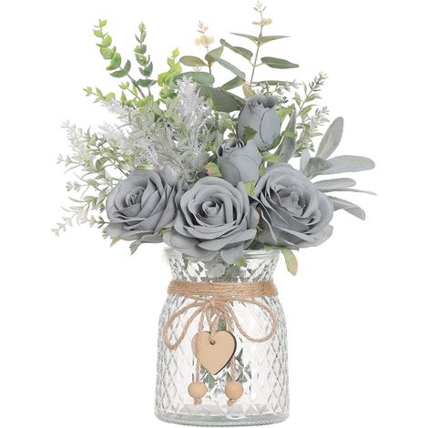 Fleurs artificielles avec Vase, Roses en Soie, Eucalyptus, Arrangement Floral, pour Maison, Bureau, Salle de Bains, décoration, Gris Bleu (1/5)