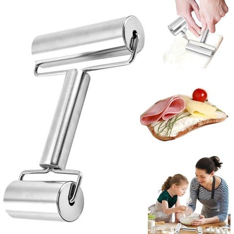 1 rouleau à pâtisserie en acier inoxydable - Mini rouleau à pâtisserie - Rouleau à pâtisserie double face en acier inoxydable - Rouleau à pâtisserie antiadhésif - Convient pour la décoration de gâteau (1/5)