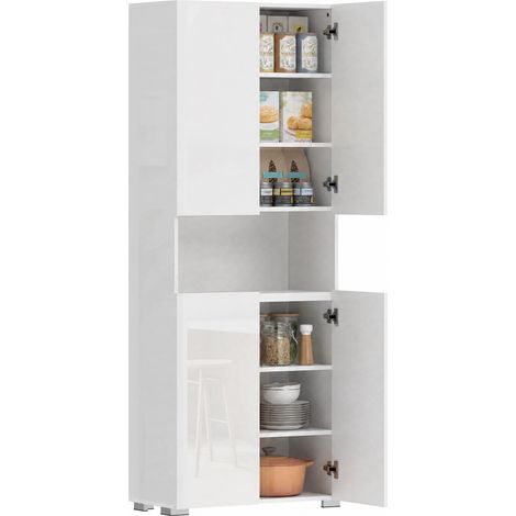Homcom – Buffet haut cuisine 4 portes – MDF blanc brillant – Étagères réglables – Dimensions 68x34x180cm – Fermeture douce