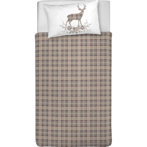 Parure Housse de Couette 100% Coton, avec Sac 155 x 200 cm et 1 taie d'oreiller 52 x 82 cm, fabriquée en Italie, Housse de Couette Lavable en Machine à 40 °, Motif Tartan Beige (1/5)