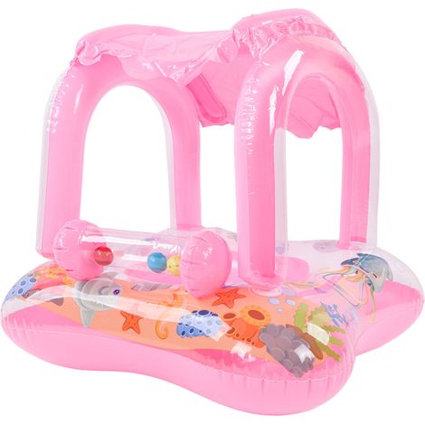 Baby-Pool-Schwimmring mit Sonnenschutz, aufblasbarem Sitz, Boot, Spielzeug mit Sonnensegel und Griff, kleinem Glöckchen, rosa (1/5)