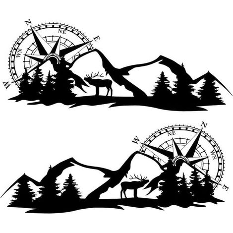 2pcs Stickers camping car, Autocollant de carrosserie latérale de voiture avec des motifs de montagne, de boussole et de cerf PVC noir autocollant autocollant de carrosserie autocollant (1/5)