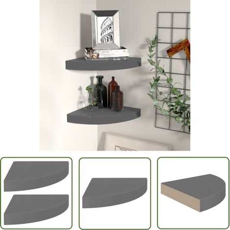 The Living Store Eck-Schweberegale 2 Stk. Hochglanz-Grau 25x25x3,8 cm MDF - Eckwandregal - Wandschrank - Wohnraumgestaltung - Stauraum - Aufbewahrungssystem (1/5)