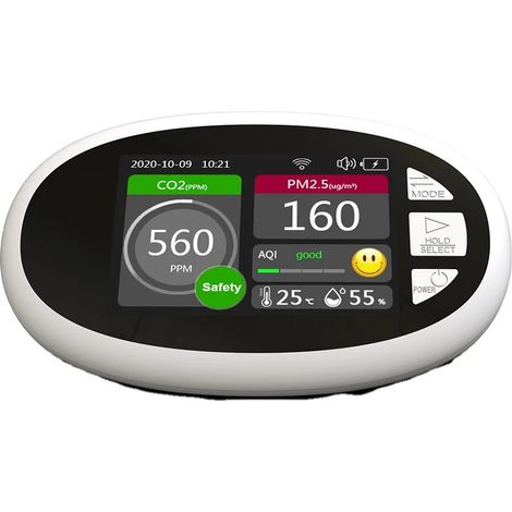 Détecteur de Qualité de l’Air pour Bureau – Mesure CO2, PM2.5, PM1.0, PM10, Température et Humidité – Affichage Numérique, Surveillance en Temps Réel (1/4)