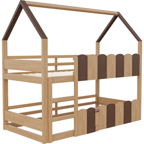 Lit superposé enfant 90 x 200 cm design maison avec échelle et barrières de sécurité, coloris bois (1/5)