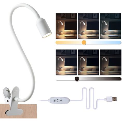 Lampe de Lecture de Lit à Pince, Lampe de Bureau LED avec 5 Températures de Couleur, Variateur, USB avec Câble Blanc pour Étudier Lire Travailler [Classe énergétique F] (1/5)