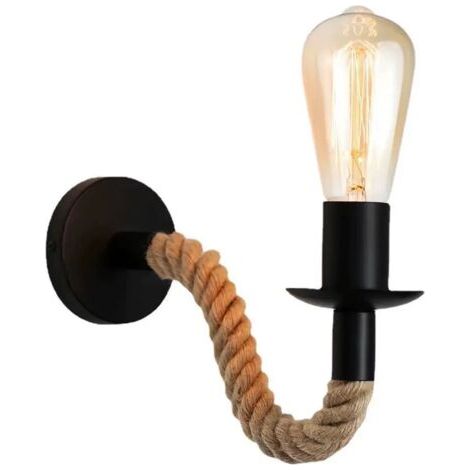 Applique murale rétro industrielle en corde de chanvre, ampoule E27 (non incluse), 110/220 V, idéale pour un restaurant, un café, un bar ou une maison (noir). (1/3)