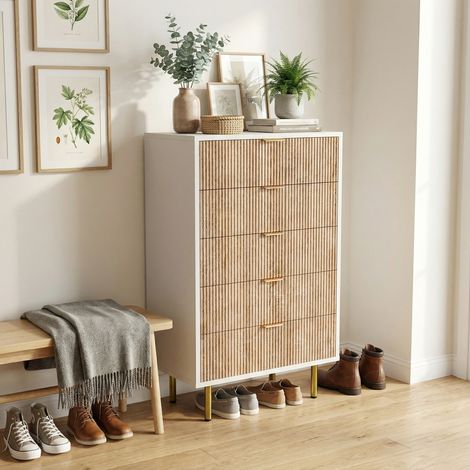 Chiffonnier bois 60 cm, Chiffonnier 5 tiroirs, commode chambre, design strié bois et blanc, pieds dorés, meuble de rangement, pour salon, entrée, style scandinave moderne, Chêne clair
