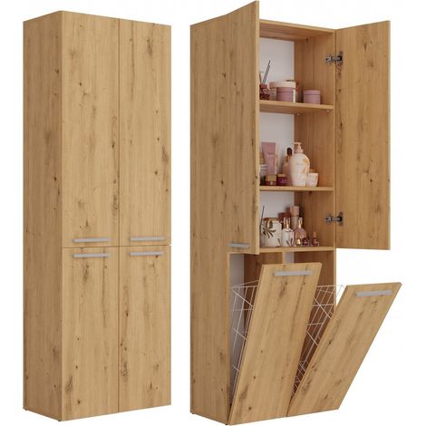 Estantería para armario de baño de roble artesanal: almacenamiento y organización con cestas. (1/5)