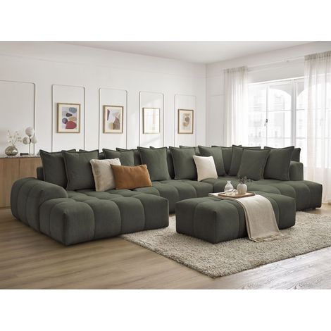 BOBOCHIC - Canapé panoramique convertible coffre EVEREST tissu chiné avec pouf Angle gauche Vert (1/5)