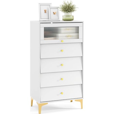 Costway – Commode 4 tiroirs avec porte en verre strié – Pieds métalliques dorés – Design anti-basculement – Dimensions 60x40x112,5 cm