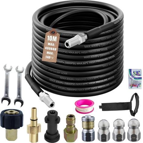 - Drain Cleaning Hose - High Pressure Cleaning Kit - Compatible with Karcher, Bosch, and Lavor - 4 Nozzles Included - Black - 10m x 0.8cm (1/5)