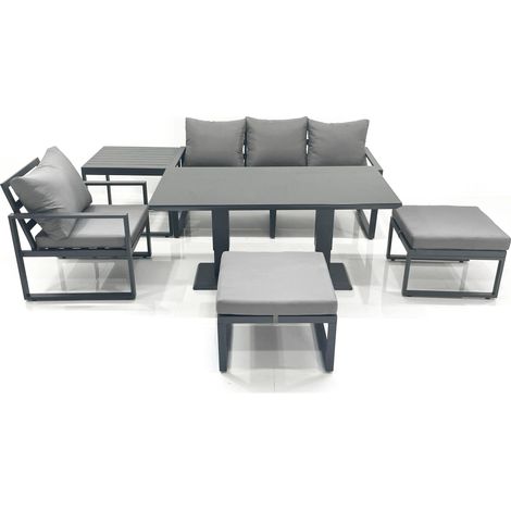 Fimous 6 Seater Garden Sofa Set Aluminium Furniture Rising Dining Tabe Set with Chair 2 Big Footstool Side Table Dark Grey (1/5)