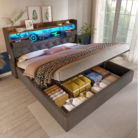Lit coffre en lin gris 160x200 cm avec LED, ports USB/Type-C et sommier à lattes (1/5)
