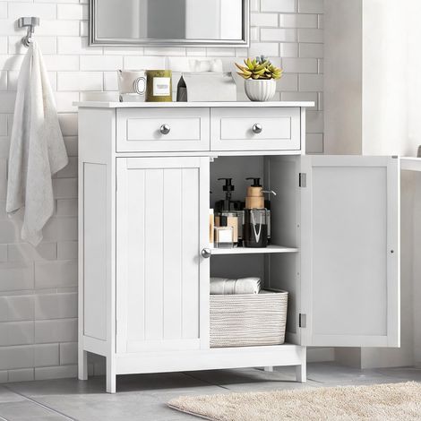 Rangement salle de bain 60 cm blanc MDF meuble 2 tiroirs et (1/5)