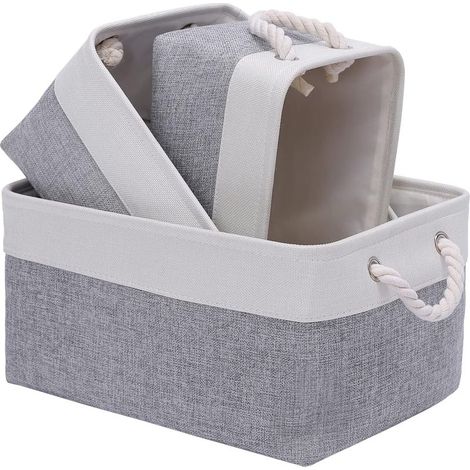 Panier de rangement en tissu, boîte de rangement pliable en lin pour chambre d'enfant et maison, panier de rangement pliable en toile pour armoire ou chambre à coucher, gris et blanc. (1/5)