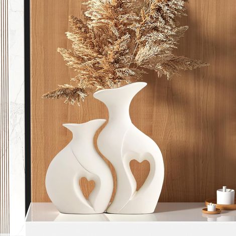 Lot de 2 vases mat forme cœur, style bohème minimaliste moderne, en céramique blanche, pour la maison (1/5)