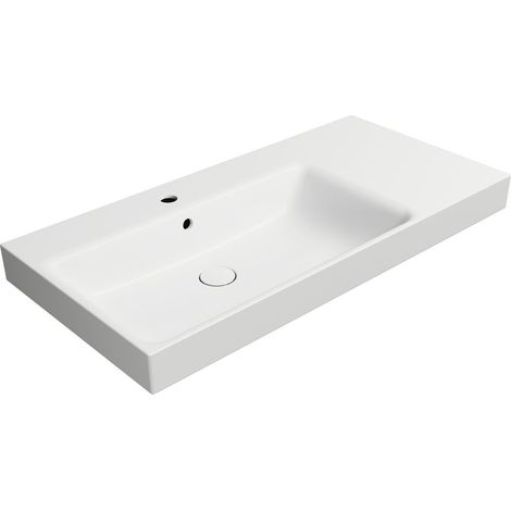 Lavabo en céramique NUBES 100x50cm, étagère à droite, blanc mat (1/3)