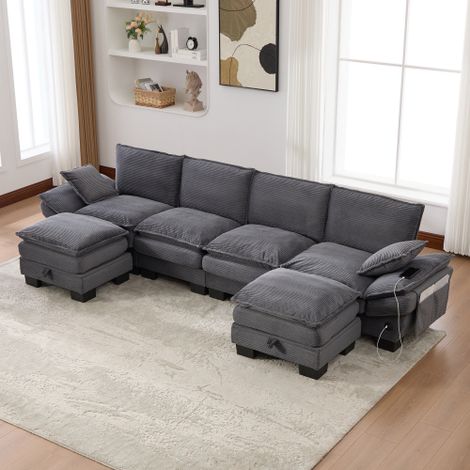 Modulares 4-Sitzer Cordsofa (mit 2Hocker) – breite Sitzfläche, ergonomisches Design, hochdichte Schaumstoffpolsterung, USB-C-Anschluss und Seitentaschen.Ideal für Wohnzimmer, Büro oder Lounge.DarkGray