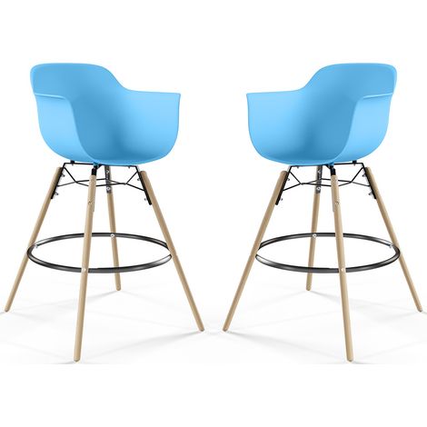 Tabouret de Bar - Design Scandinave - Pieds en Bois - Lot de 2 - Nordika Bleu