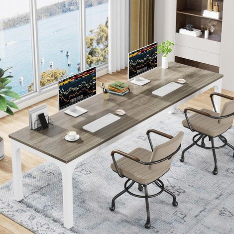 Grand bureau double 200x70cm, table informatique 2 personnes, style industriel, chêne (1/5)