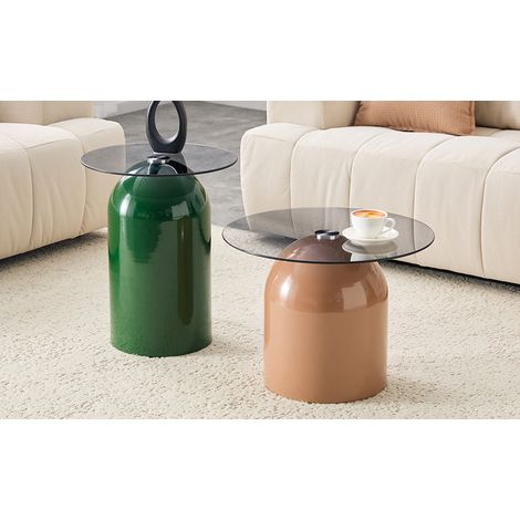 Mesas de centro set de 2 de vidrio templado y acero al carbono, gris y café claro, redondas Ø40/50 cm (1/5)